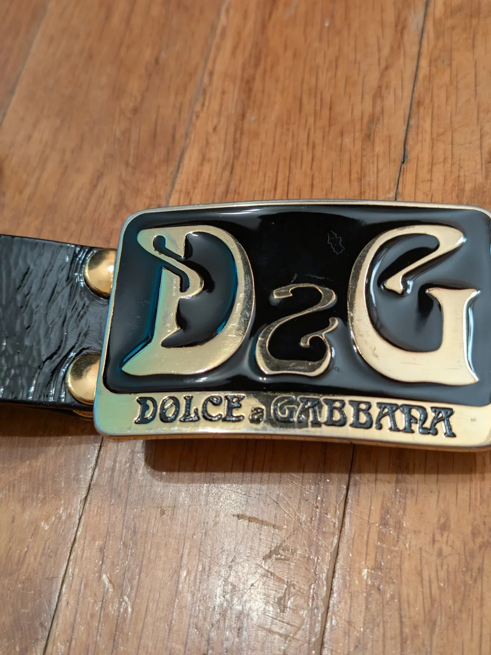 D&G Black Leather Belt with Black and Gold Logo Buckle